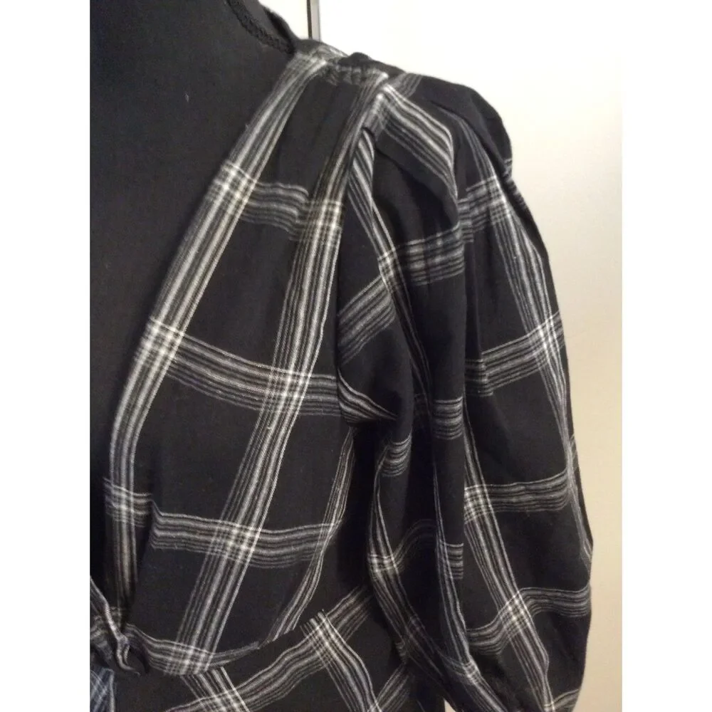 Free People Size 12 V neck Dress 3/4 Sleeve black white Plaid VNC